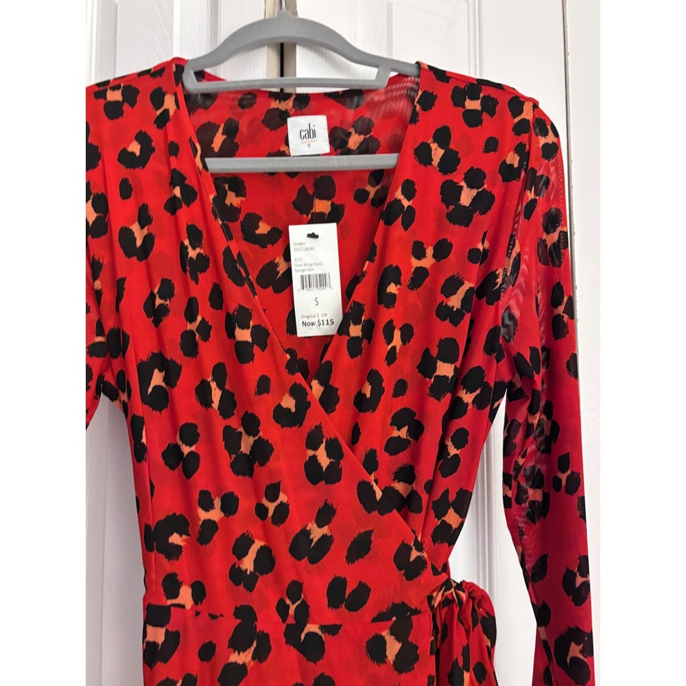 NWT Cabi Siren Wrap Dress Small Savage Skin Red Leopard Sheer MSRP $144 - Picture 6 of 7